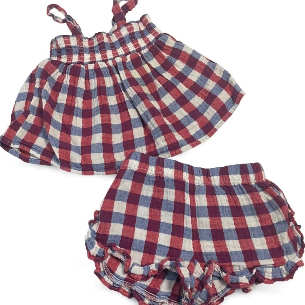 Cat & Jack Red, White and Blue Plaid Short Set EUC